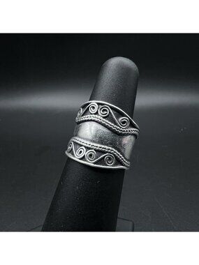 Vintage Sterling Silver Balinese Wide Cigar Band Ring Size 6 Rope Scroll Details